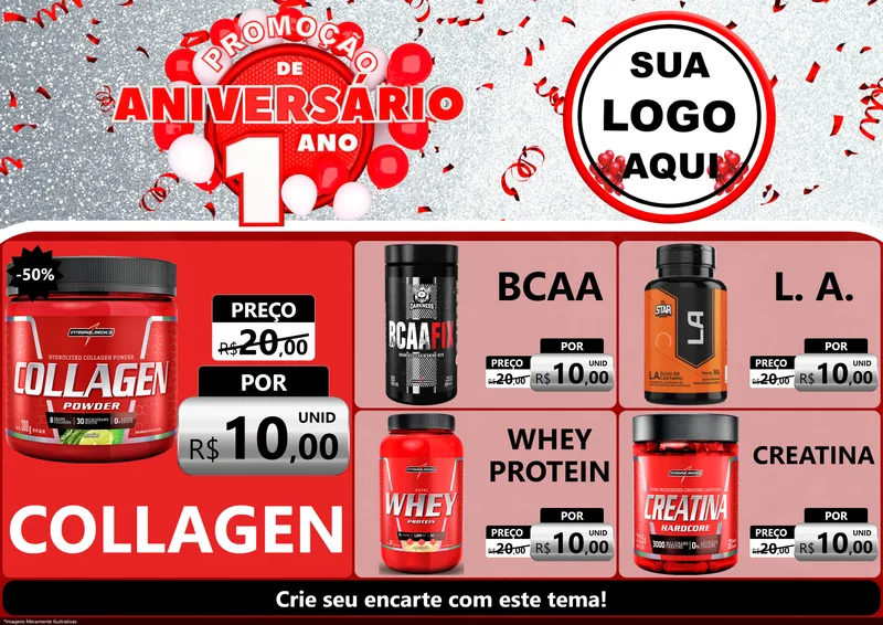 Modelo de Encarte para Encarte A4 Horizontal com o tema Promoção de Aniversário - 1 Ano para Suplementos alimentares
