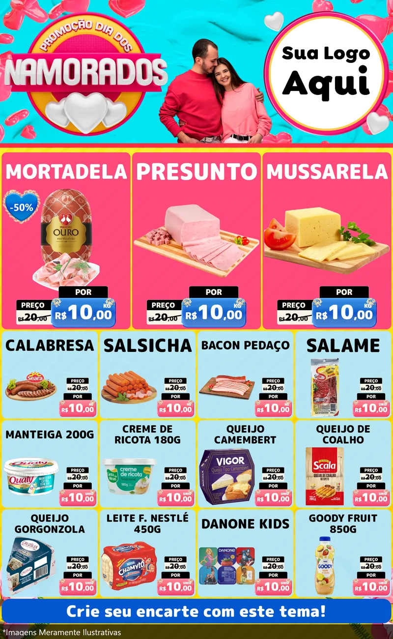 Modelo de Encarte para Encarte Grande com o tema Promoção Dia dos Namorados para Frios e Laticínios