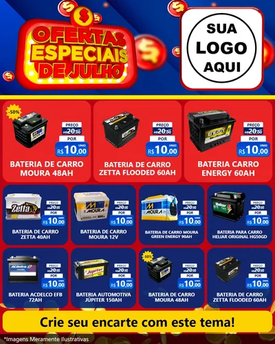 Modelo de Rede Social para Feed Instagram com o tema Ofertas Especiais de Julho para Baterias Elétricas