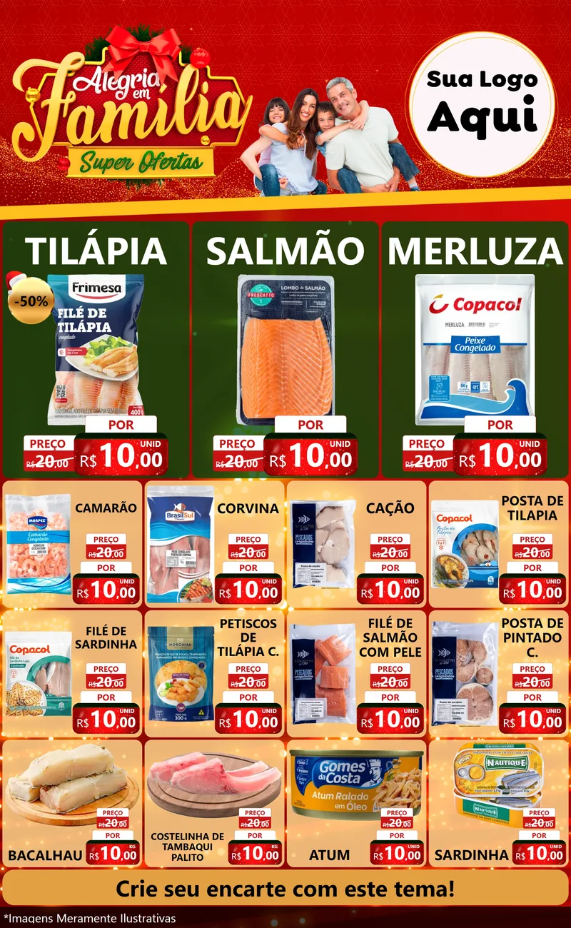 Modelo de Encarte para Encarte Grande com o tema Alegria em Família Super Ofertas - Natal para Peixaria