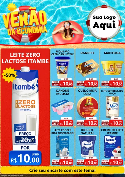 Modelo de Encarte para Encarte A4 Vertical com o tema Verão da Economia para Frios e Laticínios