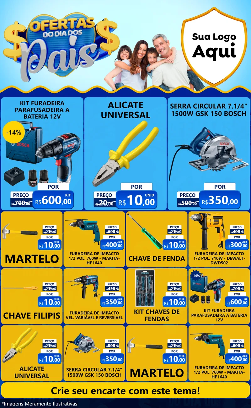 Modelo de Encarte para Encarte Grande com o tema Ofertas do Dia dos Pais para Maquinas e Ferramentas