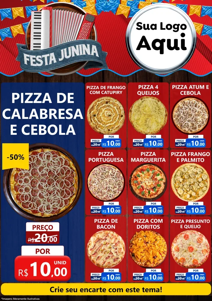 Modelo de Encarte para Encarte A4 Vertical com o tema Festa Junina para Pizzaria