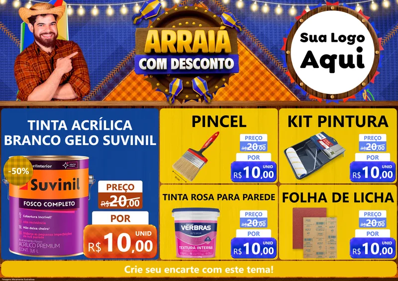Modelo de Encarte para Encarte A4 Horizontal com o tema Arraiá Com Desconto para Tintas e Ferramentas