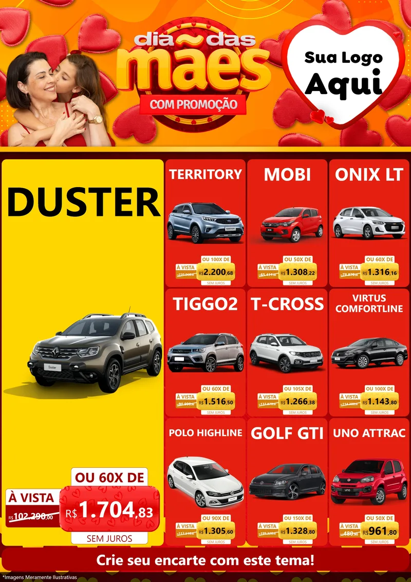 Modelo de Encarte para Encarte A4 Vertical com o tema Dia das Mães com Promoção para Concessionaria de Carros
