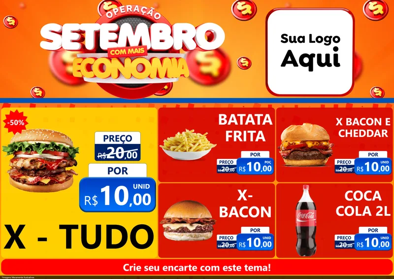 Modelo de Encarte para Encarte A4 Horizontal com o tema Operação Setembro Com Muita Economia para Hamburgueria
