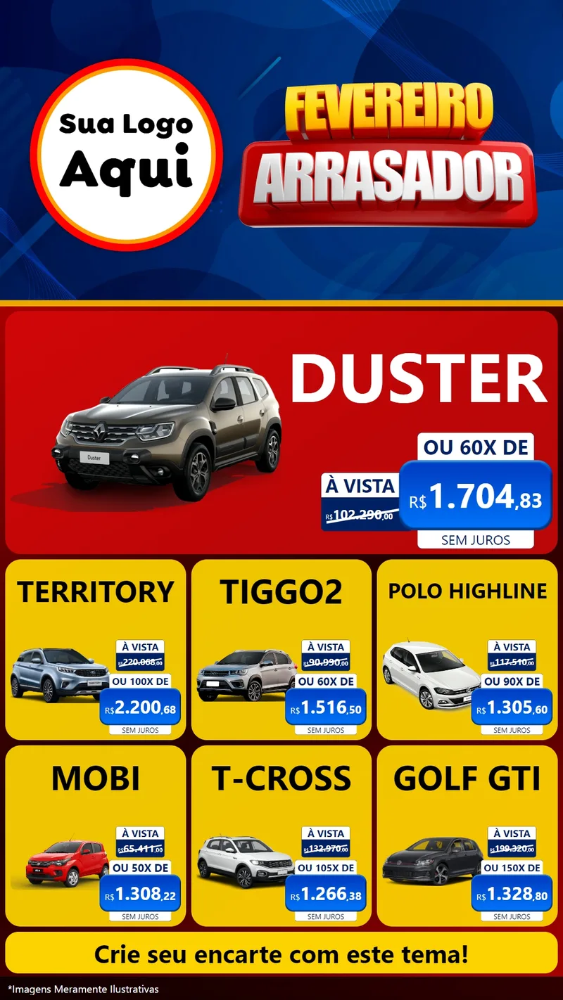 Modelo de Rede Social para Stories com o tema Fevereiro Arrasador para Concessionaria de Carros
