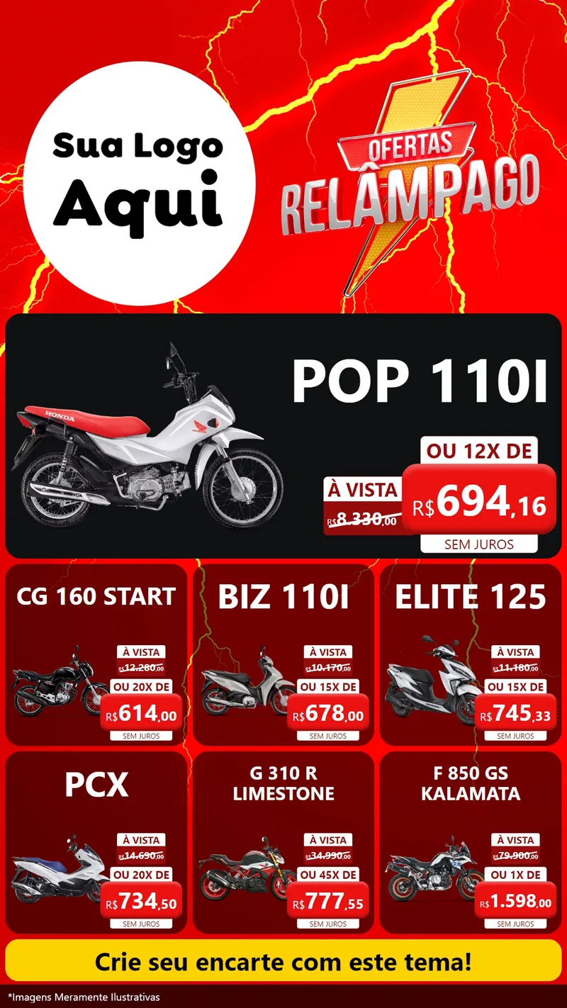 Modelo de Rede Social para Stories com o tema Ofertas Relâmpago para Concessionaria de Motos