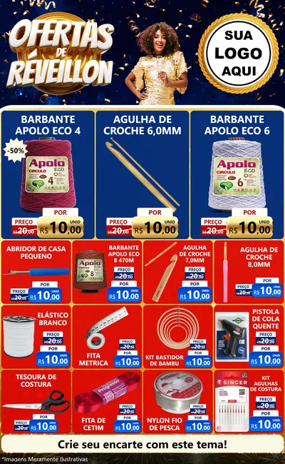 Modelo de Encarte para Encarte Grande com o tema Ofertas de Réveillon para Armarinho e Aviamentos