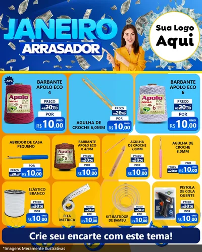 Modelo de Rede Social para Feed Instagram com o tema Janeiro Arrasador para Armarinho e Aviamentos