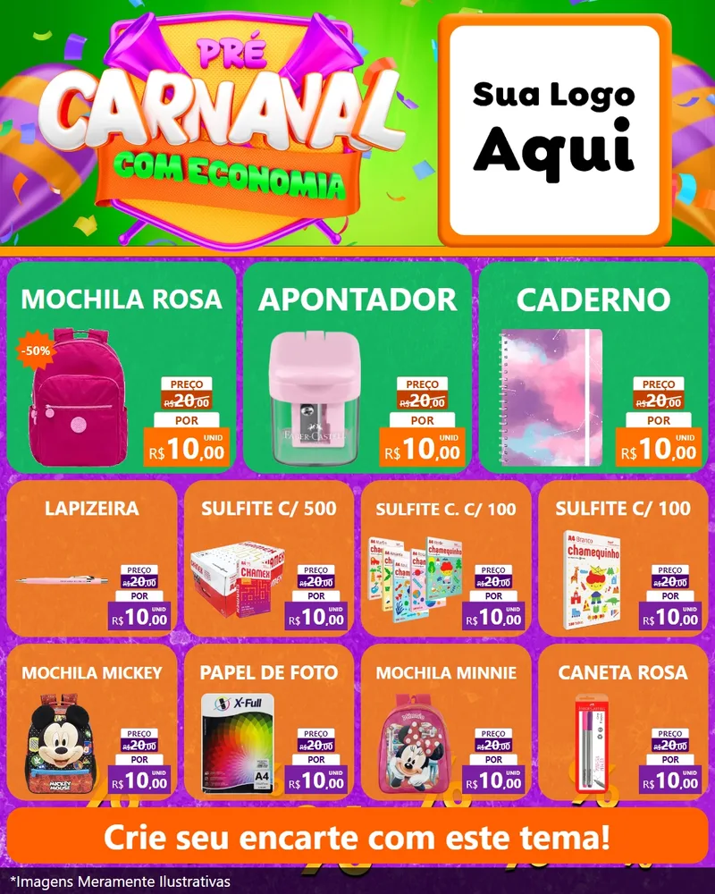 Modelo de Rede Social para Feed Instagram com o tema Pré-Carnaval Com Economia para Papelaria