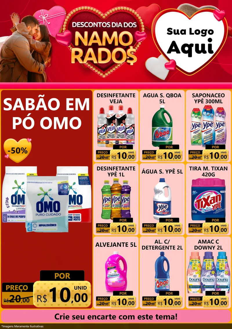 Modelo de Encarte para Encarte A4 Vertical com o tema Descontos Dia dos Namorados para Produtos de Limpeza