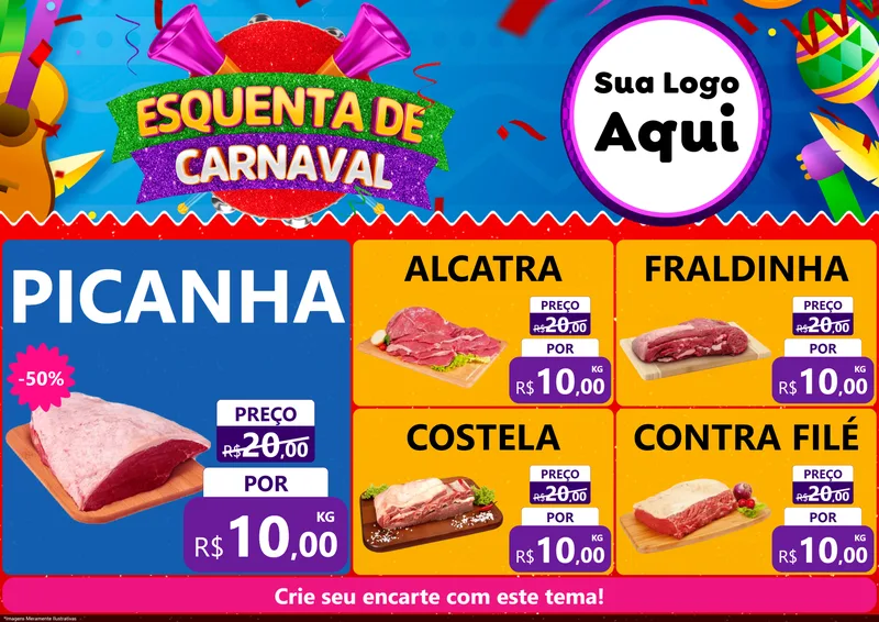 Modelo de Encarte para Encarte A4 Horizontal com o tema Esquenta de Carnaval para Açougue