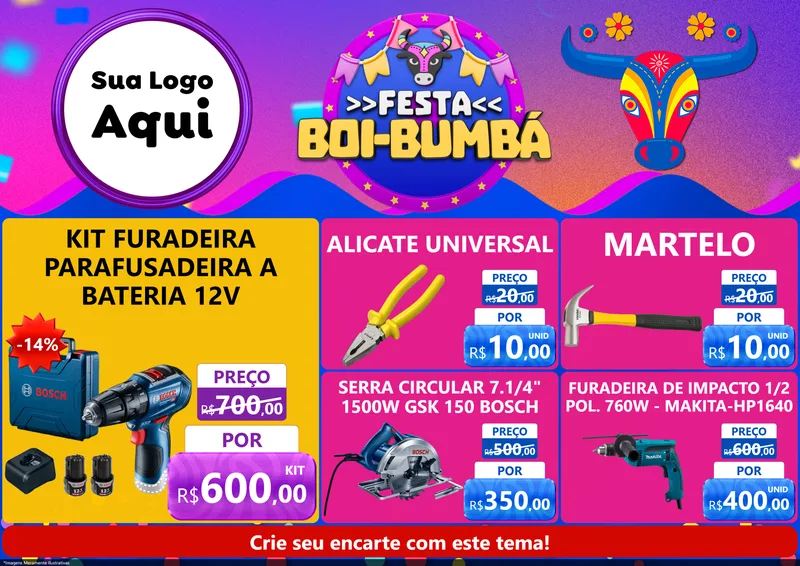 Modelo de Encarte para Encarte A4 Horizontal com o tema Festa Boi-Bumbá para Maquinas e Ferramentas