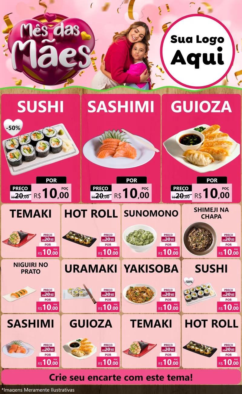 Modelo de Encarte para Encarte Grande com o tema Mês das Mães para Comida japonesa