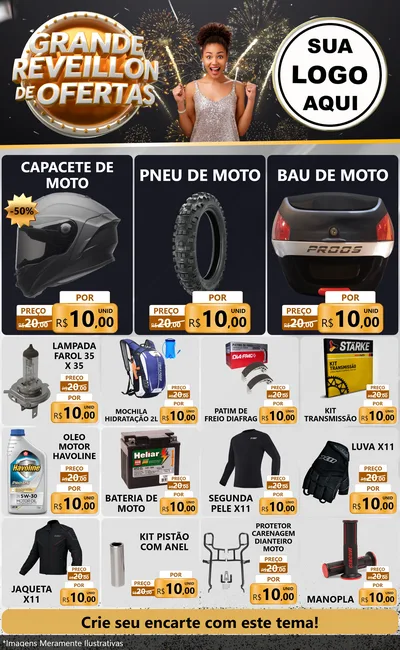 Modelo de Encarte para Encarte Grande com o tema Grande Réveillon de Ofertas para Moto peças