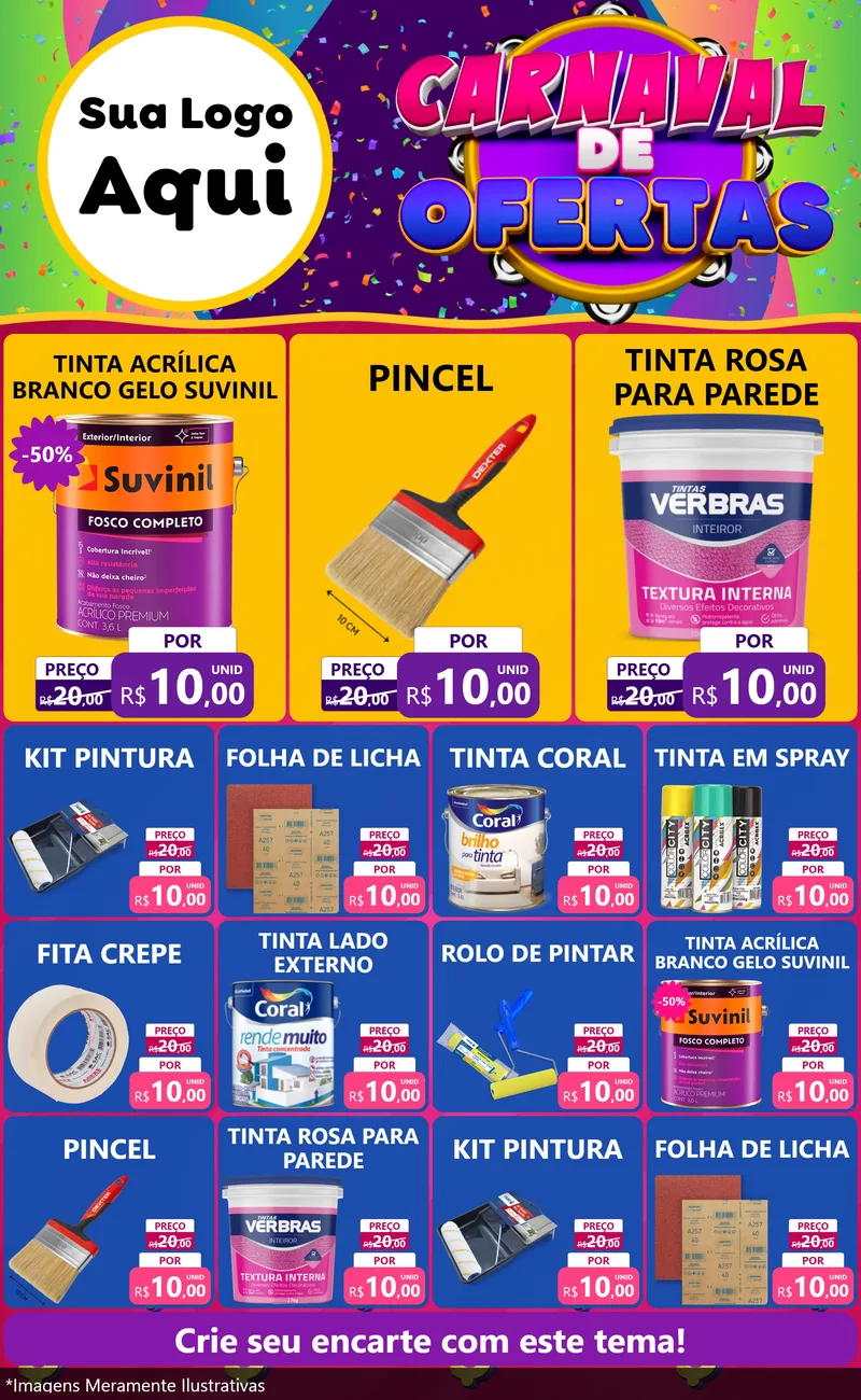 Modelo de Encarte para Encarte Grande com o tema Carnaval de Ofertas para Tintas e Ferramentas