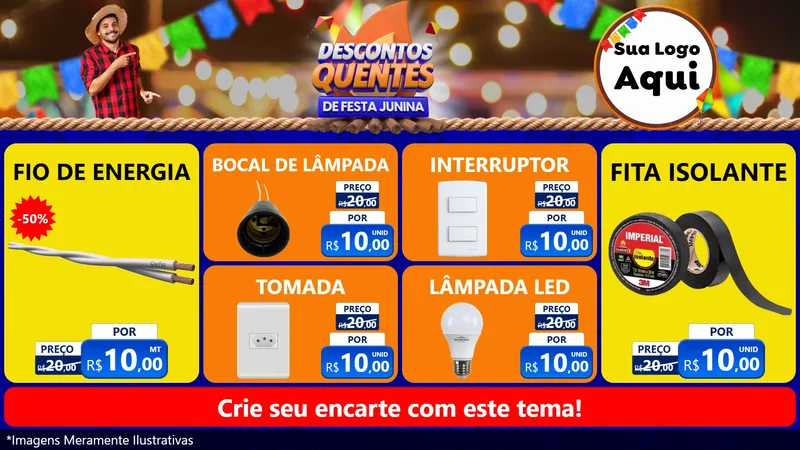 Modelo de TV para TV Horizontal com o tema Descontos Quentes de Festa Junina para Materiais Elétricos