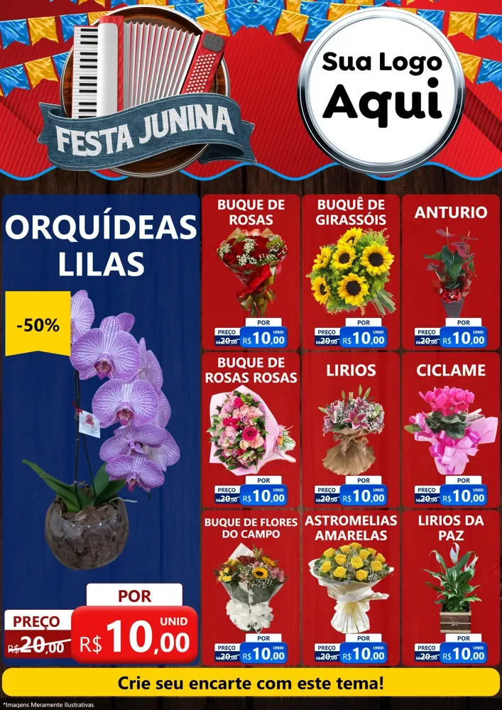 Modelo de Encarte para Encarte A4 Vertical com o tema Festa Junina para Floricultura e jardim