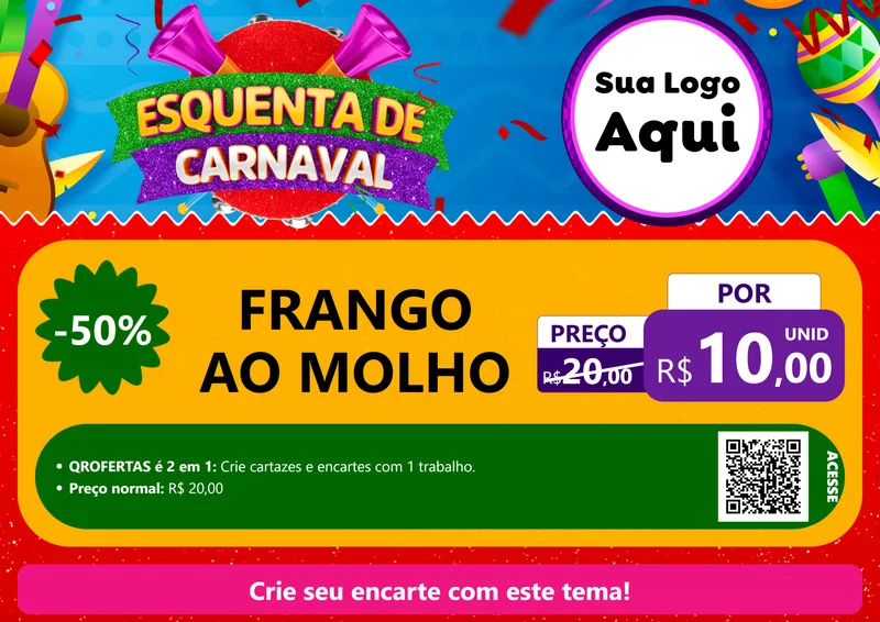 Modelo de Cartaz para Cartaz A4 Horizontal com o tema Esquenta de Carnaval para Restaurante