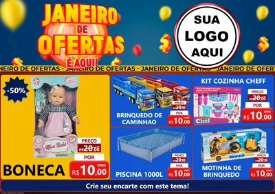 Modelo de Encarte para Encarte A4 Horizontal com o tema Janeiro de Ofertas É Aqui! para Brinquedos