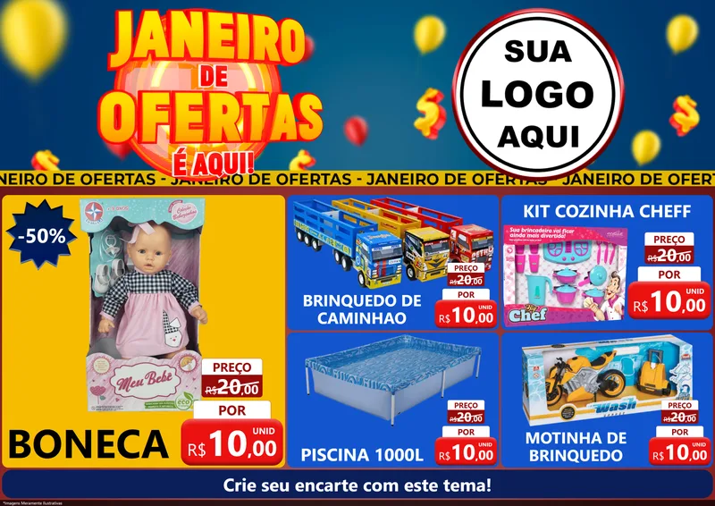 Modelo de Encarte para Encarte A4 Horizontal com o tema Janeiro de Ofertas É Aqui! para Brinquedos