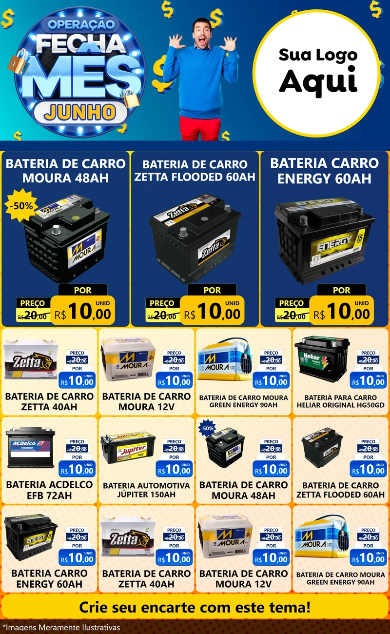Modelo de Encarte para Encarte Grande com o tema Operação Fecha Mês, Junho para Baterias Elétricas