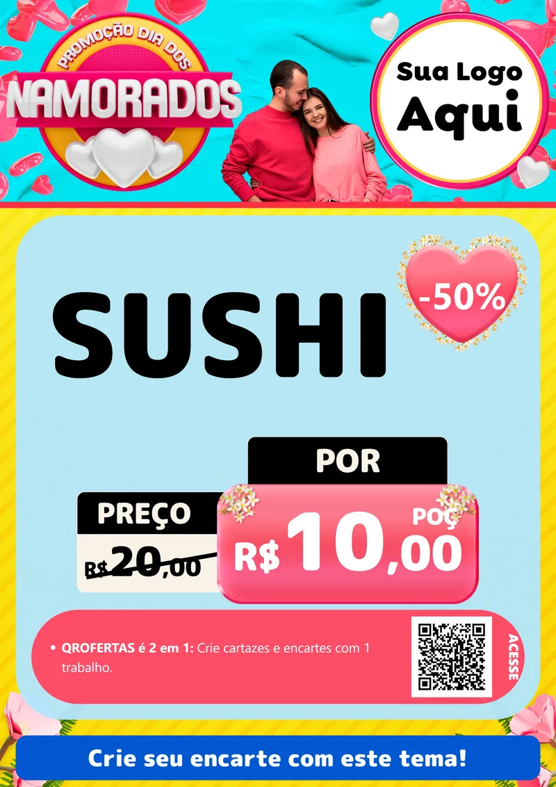 Modelo de Cartaz para Cartaz A4 Vertical com o tema Promoção Dia dos Namorados para Comida japonesa
