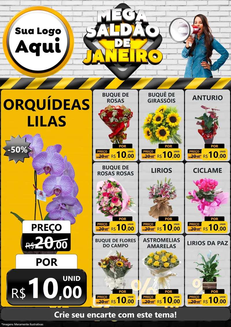 Modelo de Encarte para Encarte A4 Vertical com o tema Mega Saldão de Janeiro para Floricultura e jardim