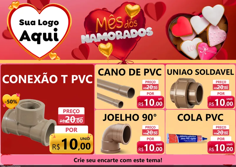 Modelo de Encarte para Encarte A4 Horizontal com o tema Mês dos Namorados para Tubos e conexões