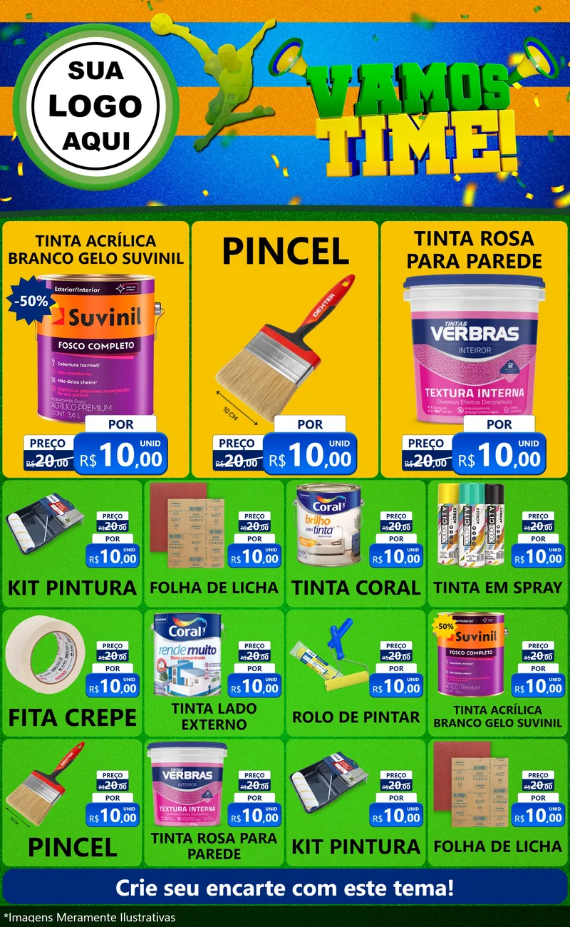 Modelo de Encarte para Encarte Grande com o tema Vamos Time! para Tintas e Ferramentas