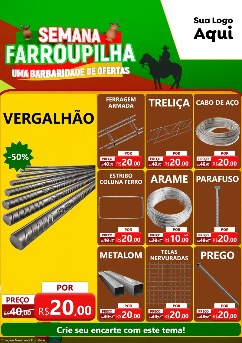 Modelo de Encarte para Encarte A4 Vertical com o tema Semana Farroupilha - Uma Barbaridade de Ofertas para Ferragens