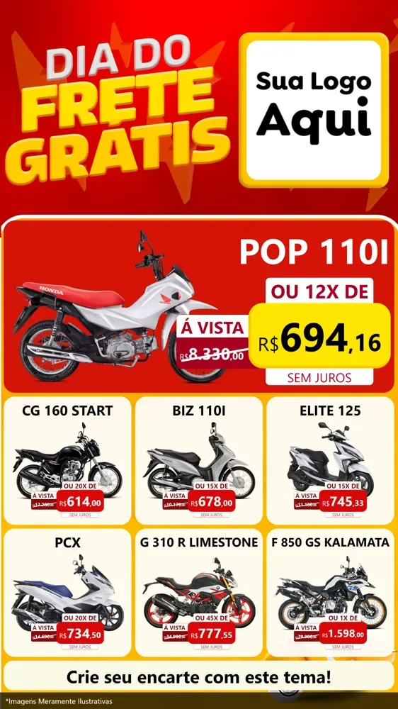 Modelo de Rede Social para Stories com o tema Dia do Frete Grátis para Concessionaria de Motos