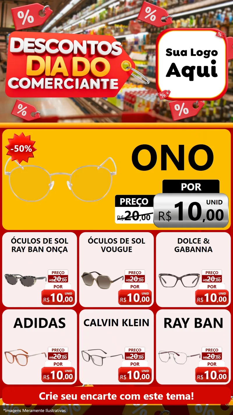 Modelo de Rede Social para Stories com o tema Descontos Dia do Comerciante para Óticas
