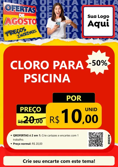 Modelo de Cartaz para Cartaz A4 Vertical com o tema Ofertas de Agosto - Preços Incríveis para Produtos para Piscina