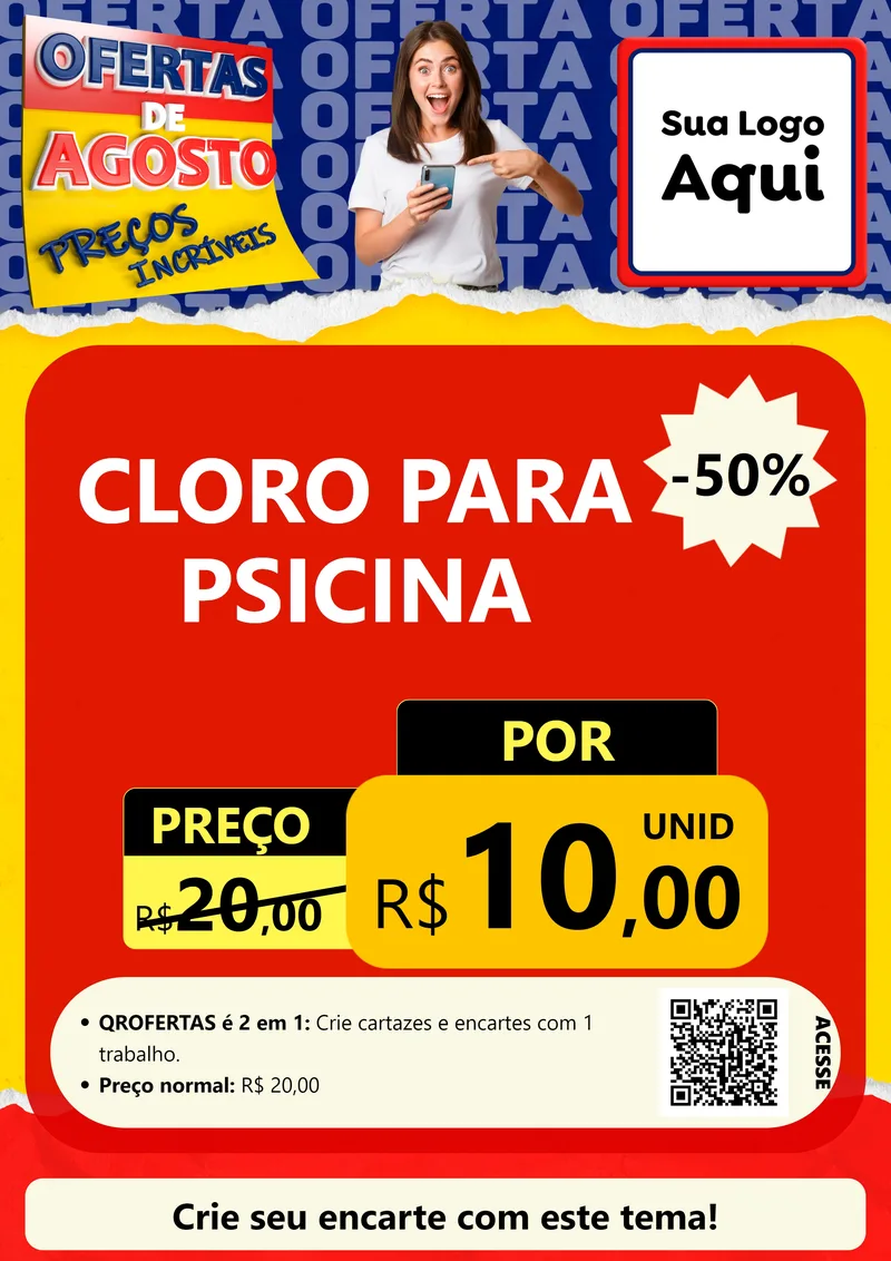 Modelo de Cartaz para Cartaz A4 Vertical com o tema Ofertas de Agosto - Preços Incríveis para Produtos para Piscina