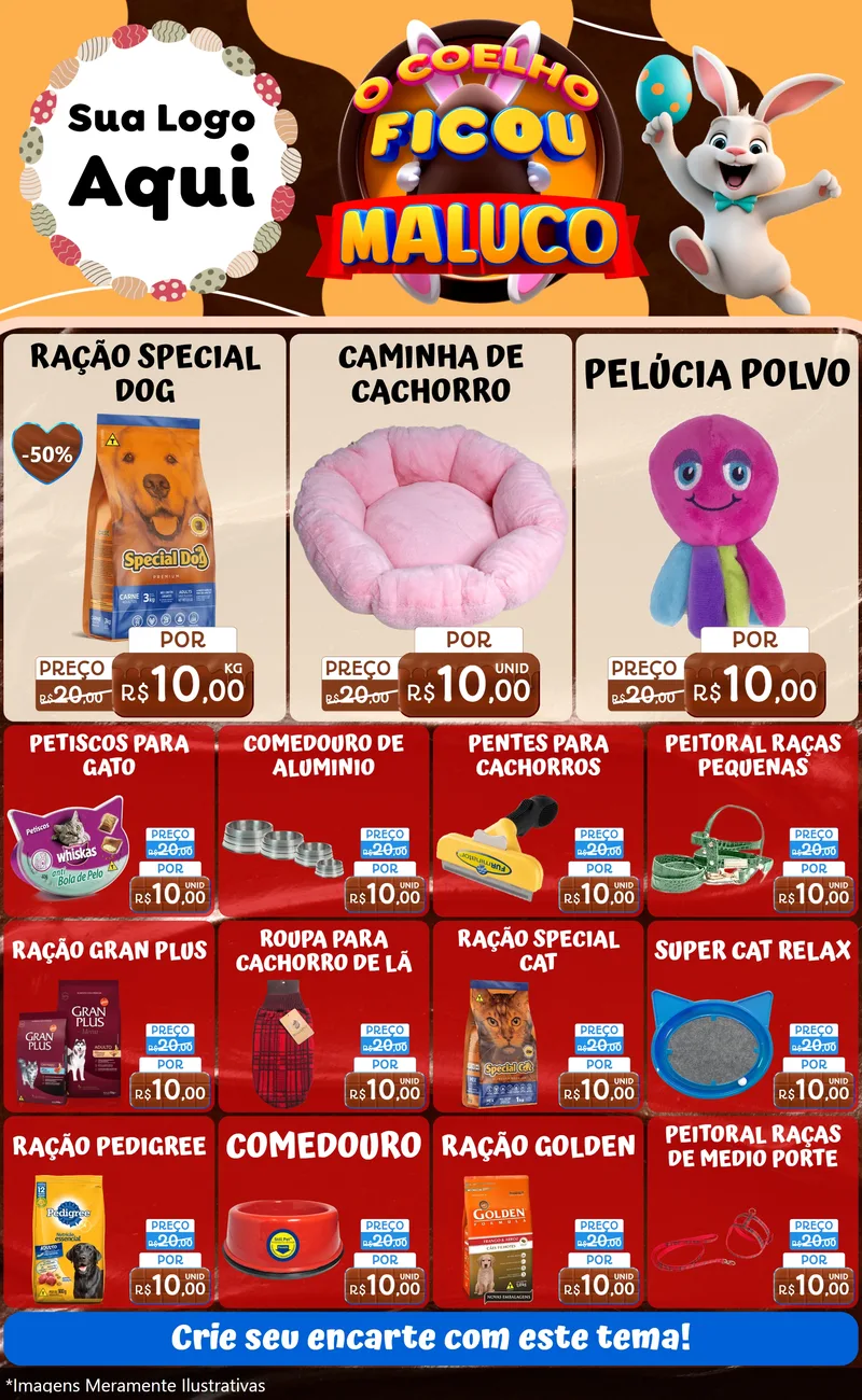 Modelo de Encarte para Encarte Grande com o tema O Coelho Ficou Maluco - Páscoa para Pet Shop