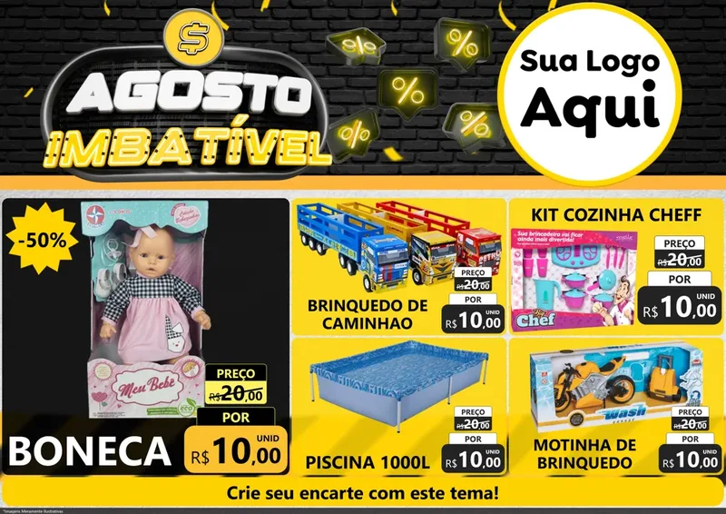 Modelo de Encarte para Encarte A4 Horizontal com o tema Agosto Imbatível para Brinquedos