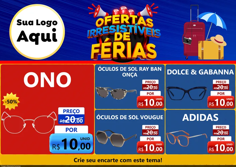 Modelo de Encarte para Encarte A4 Horizontal com o tema Ofertas Irresistíveis de Férias para Óticas