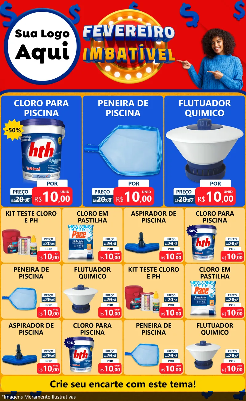 Modelo de Encarte para Encarte Grande com o tema Fevereiro Imbatível para Produtos para Piscina