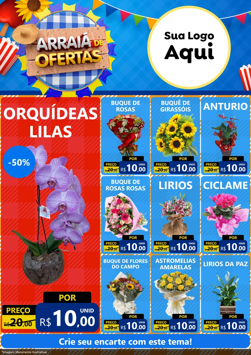 Modelo de Encarte para Encarte A4 Vertical com o tema Arraiá de Ofertas para Floricultura e jardim