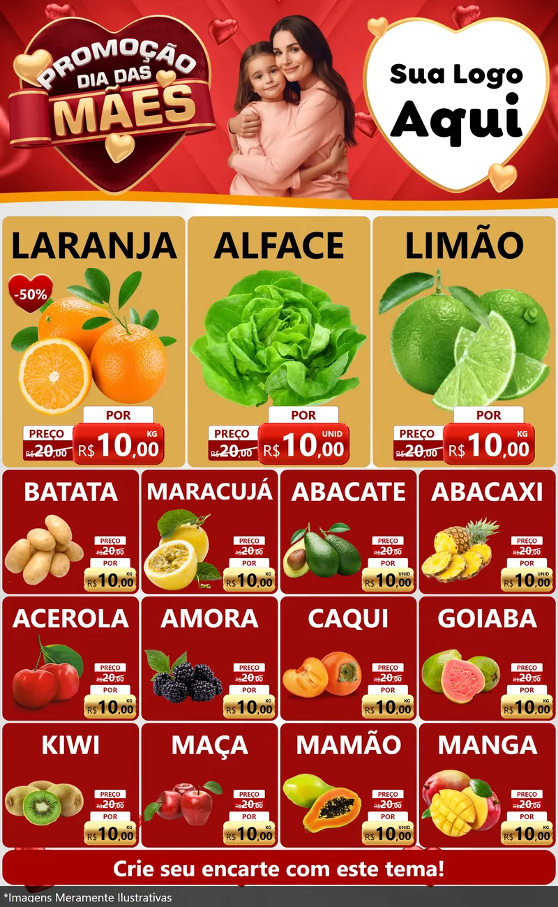 Modelo de Encarte para Encarte Grande com o tema Promoção Dia das Mães para Hortifrúti