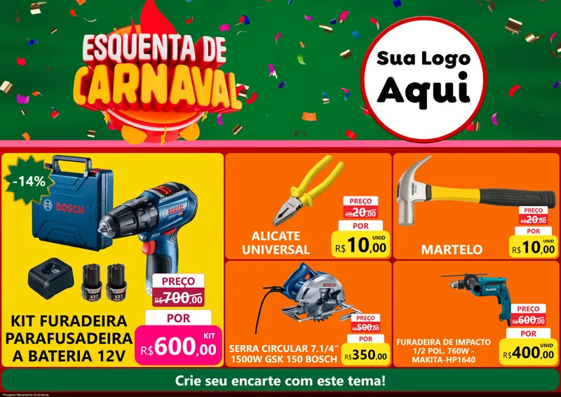 Modelo de Encarte para Encarte A4 Horizontal com o tema Esquenta de Carnaval para Maquinas e Ferramentas