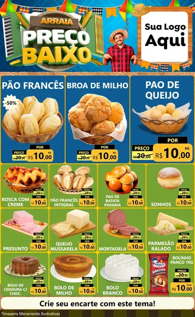 Modelo de Encarte para Encarte Grande com o tema Arraiá de Preço Baixo - Junina para Padaria