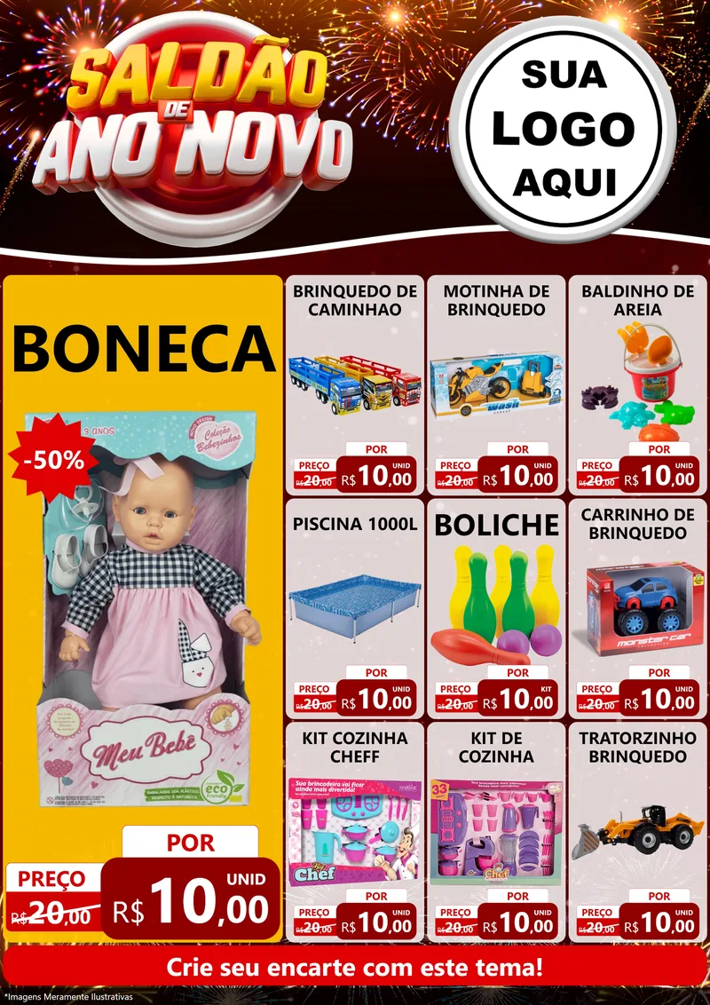 Modelo de Encarte para Encarte A4 Vertical com o tema Saldão de Ano Novo para Brinquedos