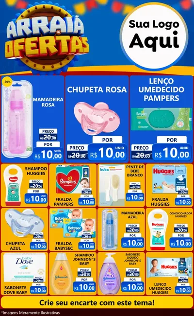 Modelo de Encarte para Encarte Grande com o tema Arraiá de Ofertas - Junina para Bebês