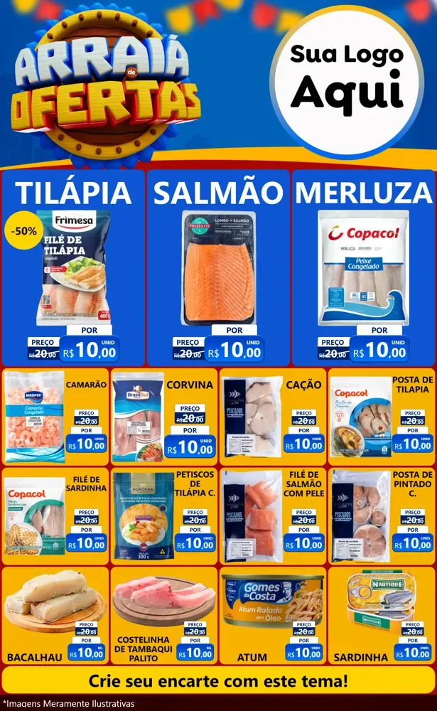 Modelo de Encarte para Encarte Grande com o tema Arraiá de Ofertas - Junina para Peixaria