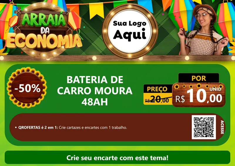 Modelo de Cartaz para Cartaz A4 Horizontal com o tema Arraiá de Economia para Baterias Elétricas