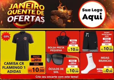 Modelo de Encarte para Encarte A4 Horizontal com o tema Janeiro Quente de Ofertas para Roupas e acessórios
