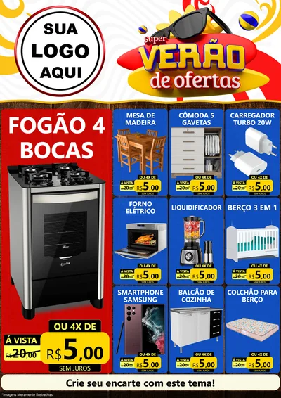 Modelo de Encarte para Encarte A4 Vertical com o tema Super Verão de Ofertas para Móveis e Eletro